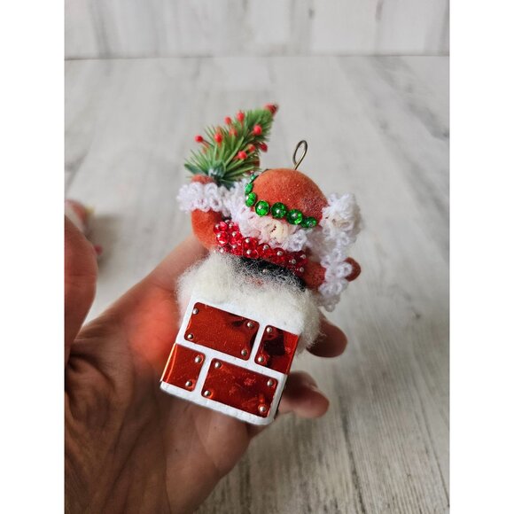 Vintage flocked Santa skier plastic chimney tree ornament beaded Xmas Santa with - Picture 11 of 15